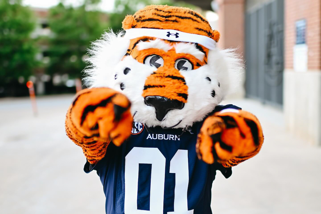 Aubie pointing toward the viewer with  both hands